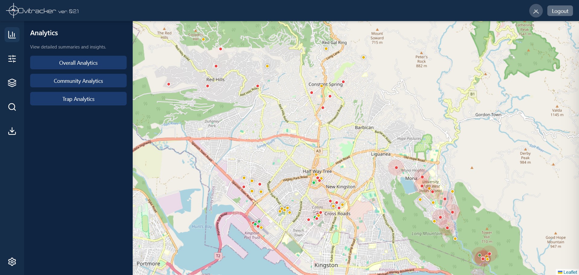 Ovitracker dashboard — analytics panel and live community map